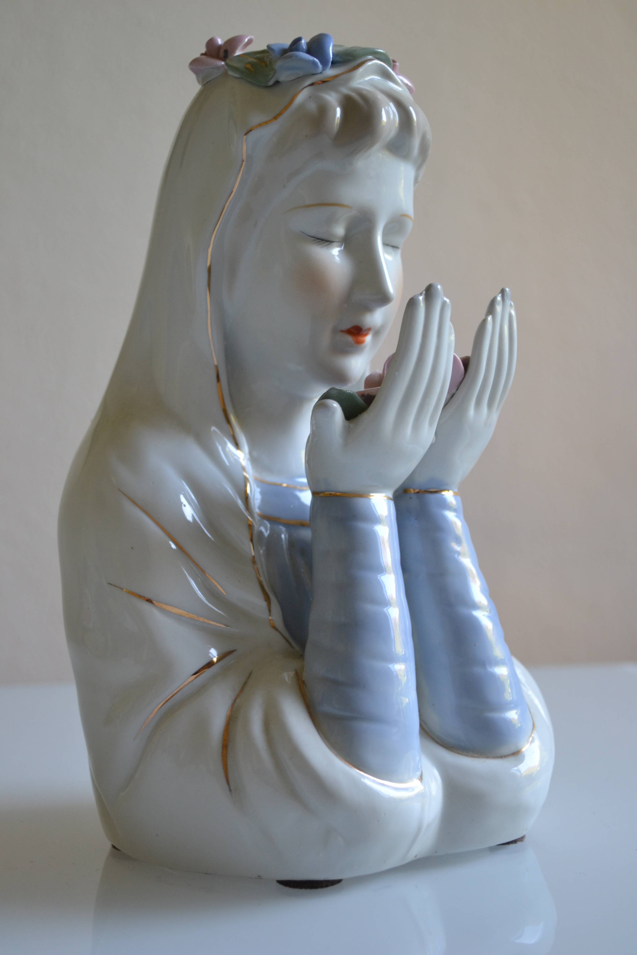 Virgin Mary statue bust in polychrome porcelain Virgin with crown of roses