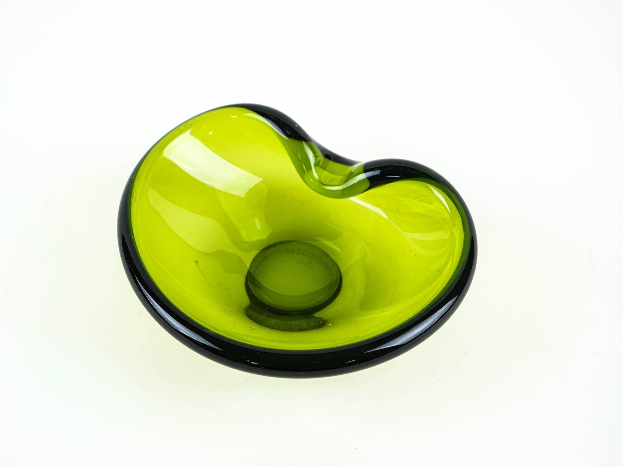 Holmegaard glass platter in olive green, organic form, Danish design, 1970s