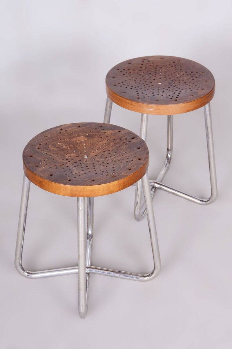 Bauhaus Stools in Chromed Steel, Beech and Plywood, Germany, 1930s, Set of 2
