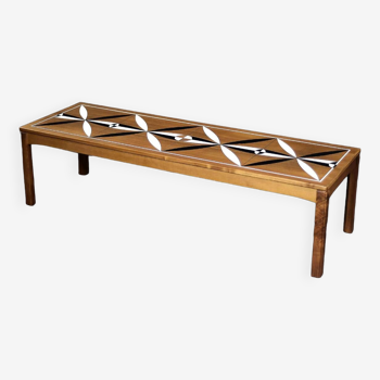 Vintage Mid-Century Scandinavian Modern Teak Long and Low Coffee Table with Hand-Painted Pattern