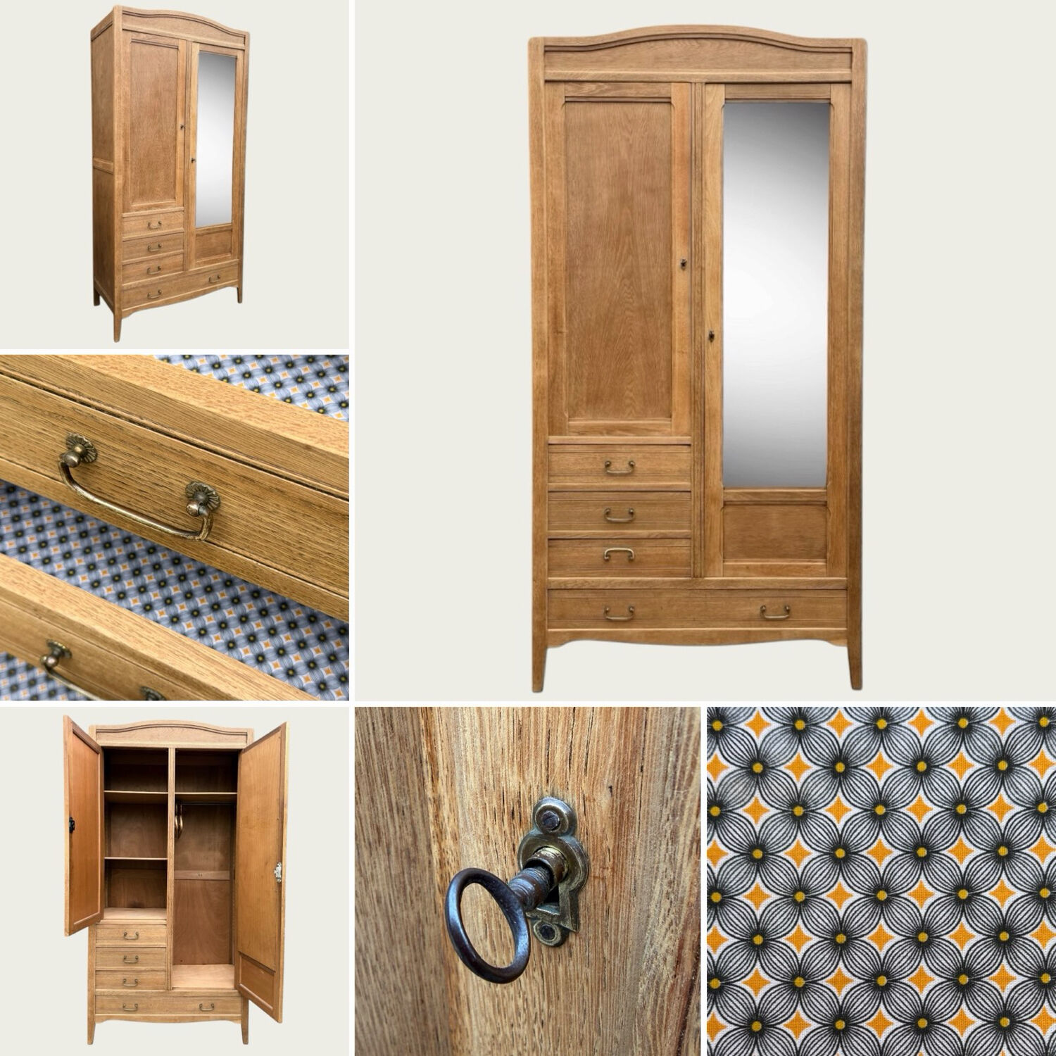 Parisian hotel wardrobe with bevelled mirror, solid raw oak, 1920.