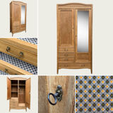 Parisian hotel wardrobe with bevelled mirror, solid raw oak, 1920.