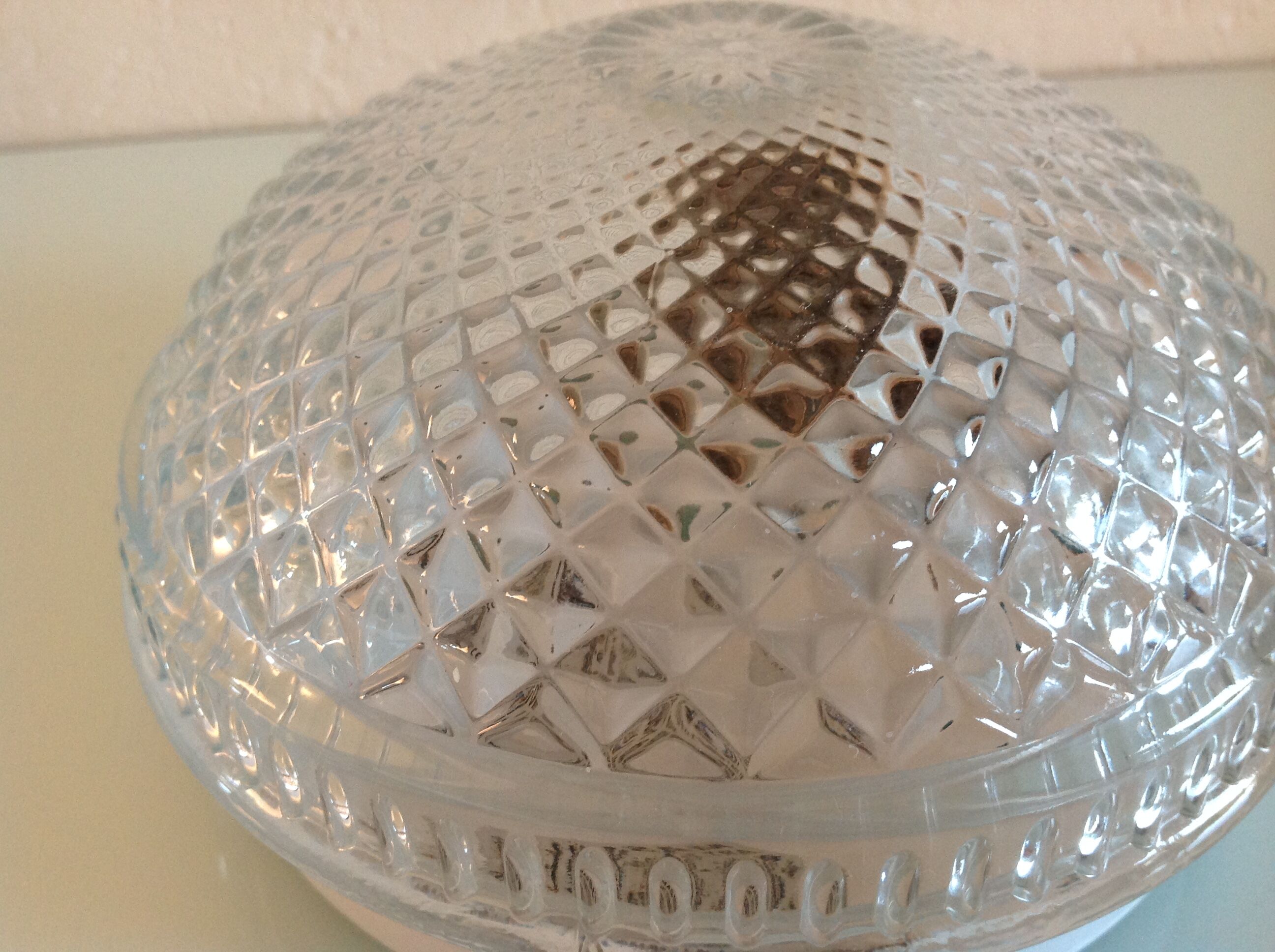Plafonnier rond en verre structuré/vintage années 60-70