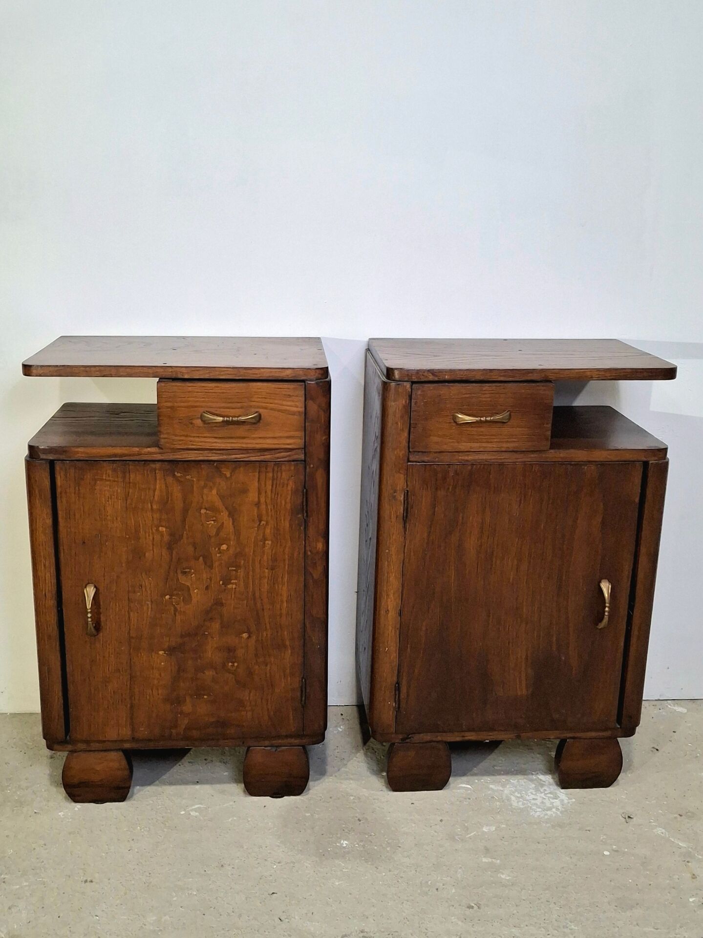 Vintage Art Deco Nightstands Pair Wooden Bedside Tables with Brass Har