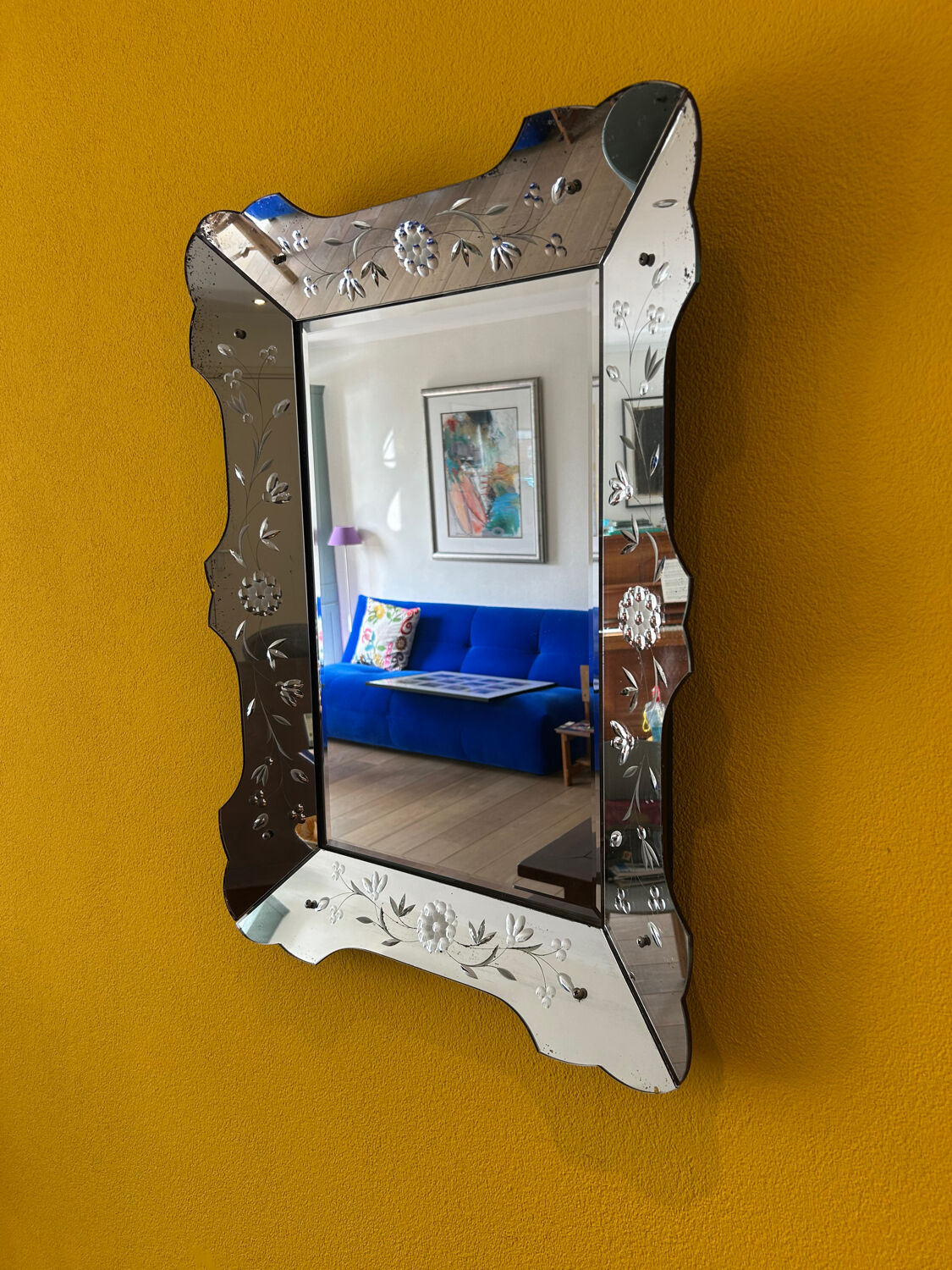 Prachtige Vintage Venetiaanse Spiegel – Geëtst Glas 79x58 cm