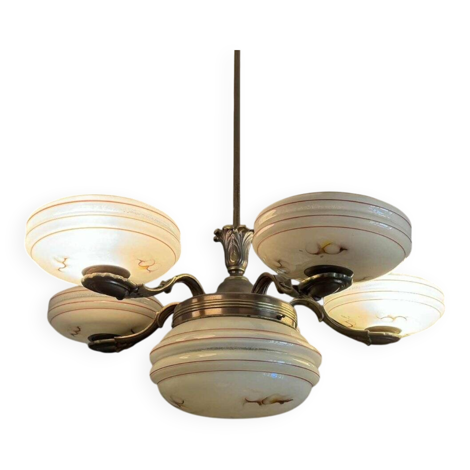 Art Deco brass and glass 5-arm chandelier, Central Europe, 1940s