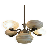 Lustre Art déco à 5 bras de lumière en laiton et verre, Europe centrale, années 1940