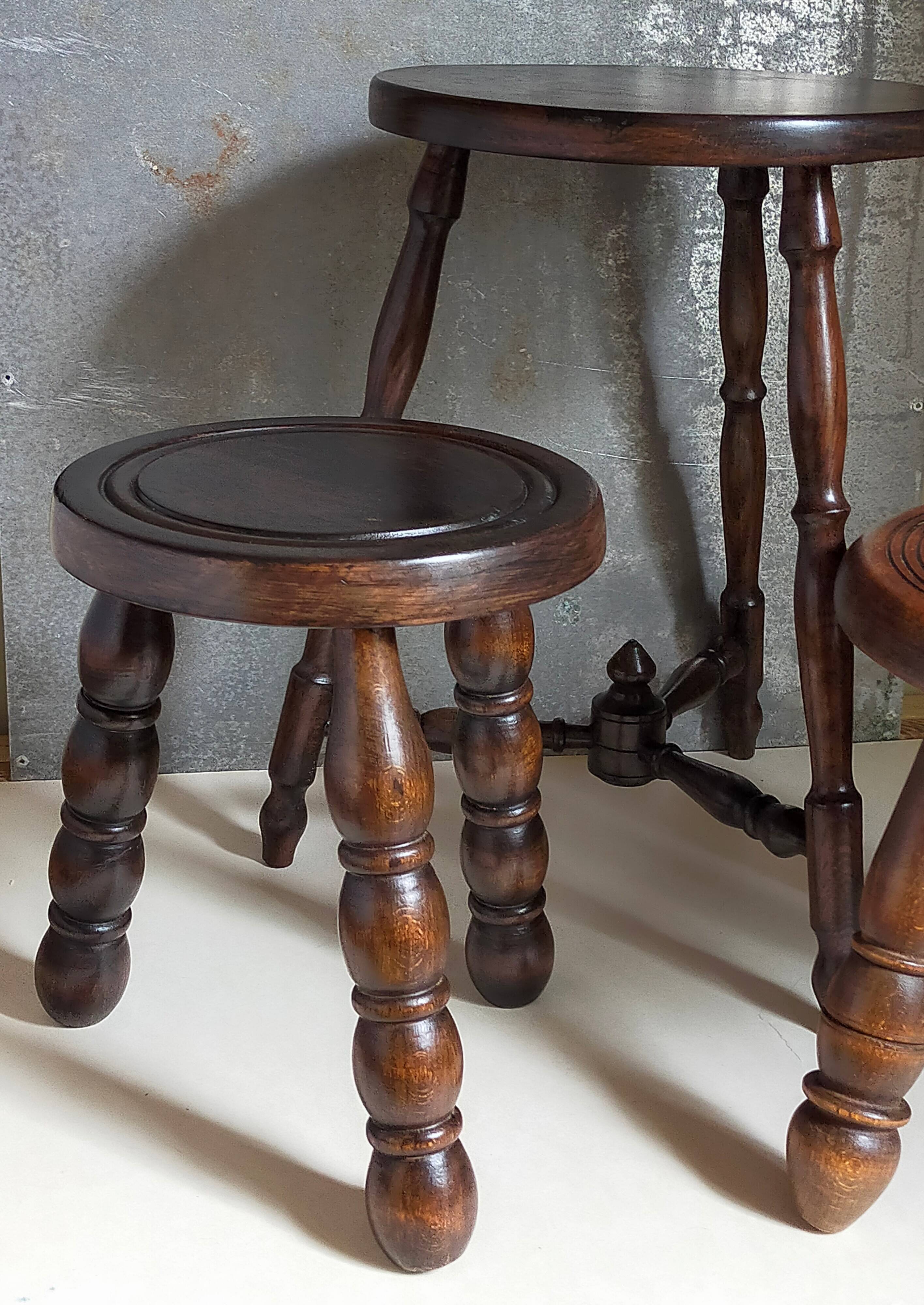 Vintage solid turned wood tripod stool