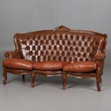 ococo-Style 3-Seater Sofa — Leather & Wood — Classic Curved Salon Silhouett