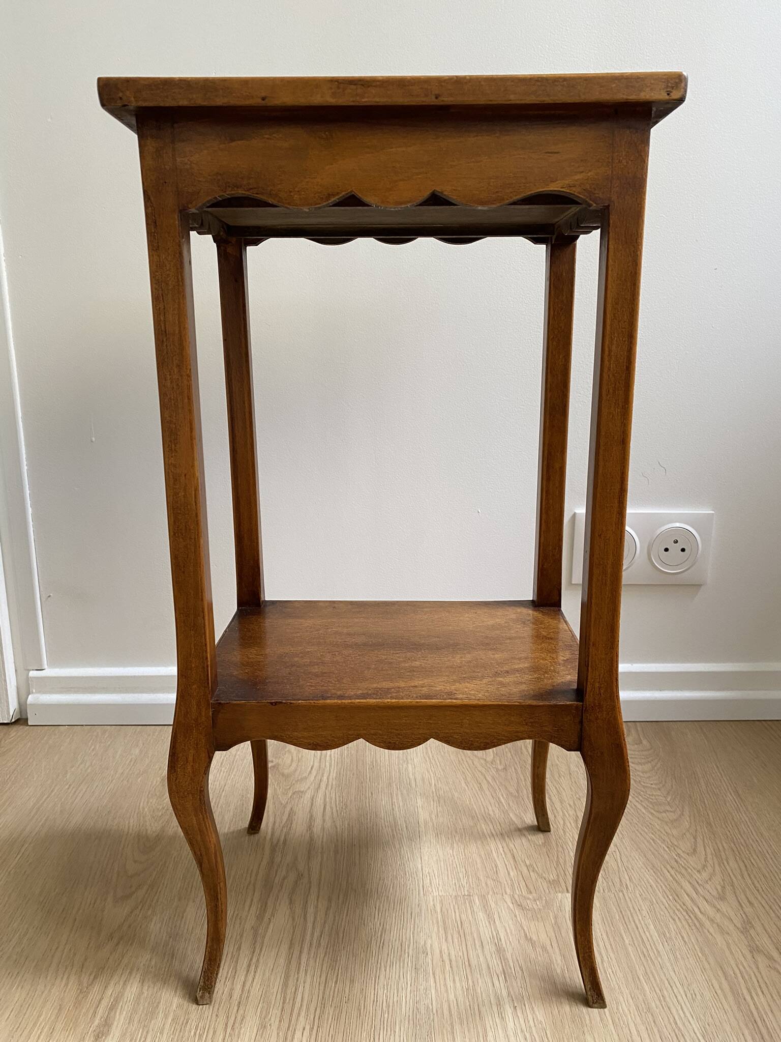 Small bedside table, nightstand, two-top ash plant stand with discreet drawer