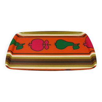 Vintage laminated plastic plate with fruit design in Scandinavian style from the years.