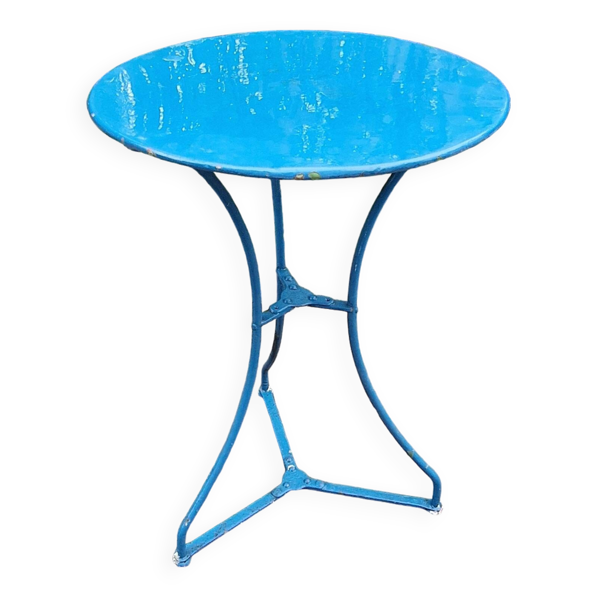 Guéridon / petite table de jardin ancienne en métal bleue