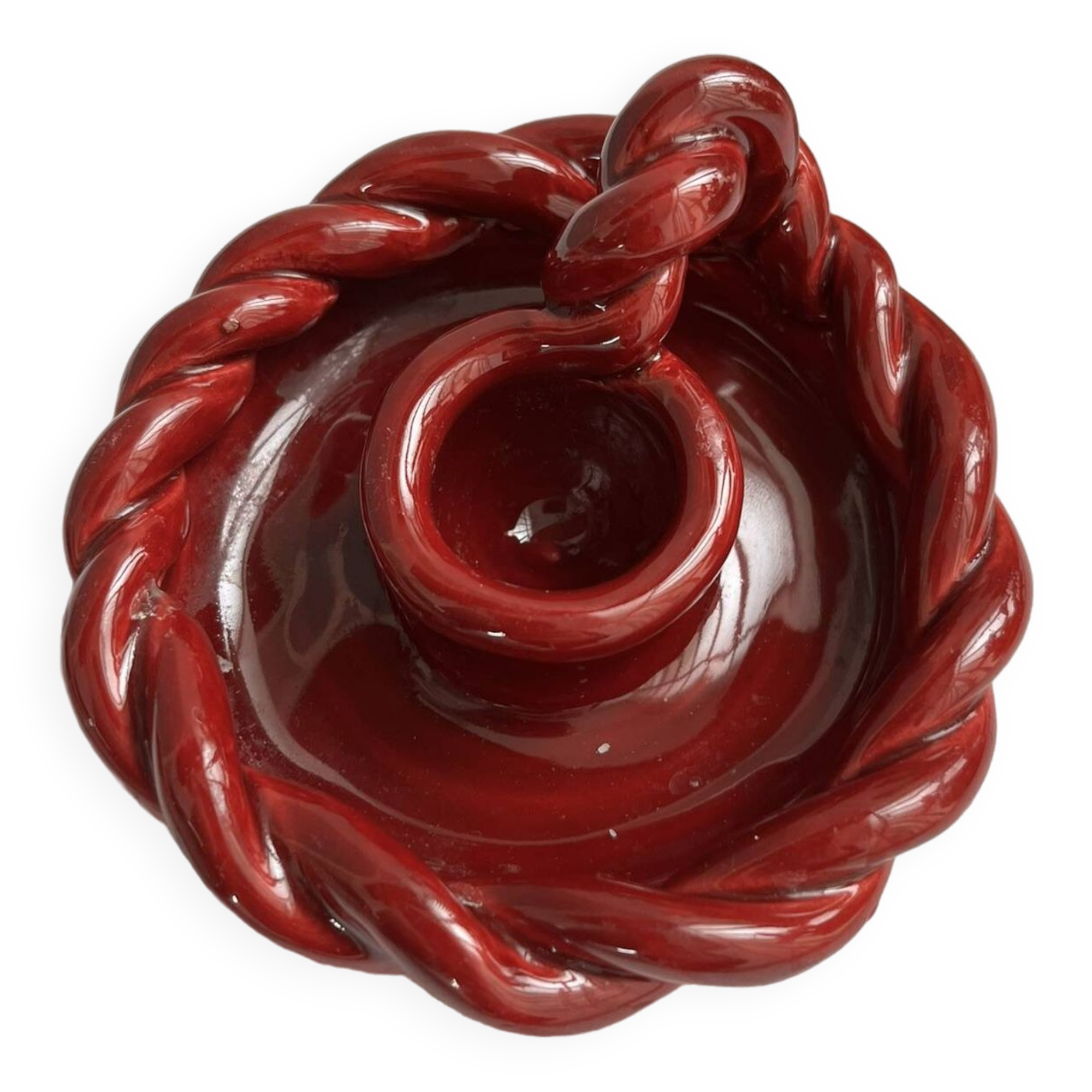 Twisted red earthenware candle holder - in the style of St Clément
