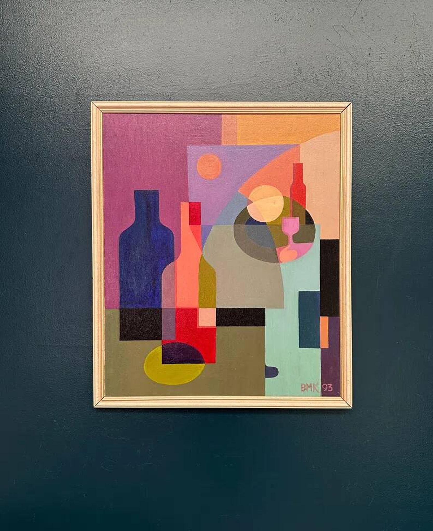 Original Swedish Oil on Canvas – "Abstract Still Life" by BMK (1993) – Signed – Vintage and Framed – 60 × 51 cm
