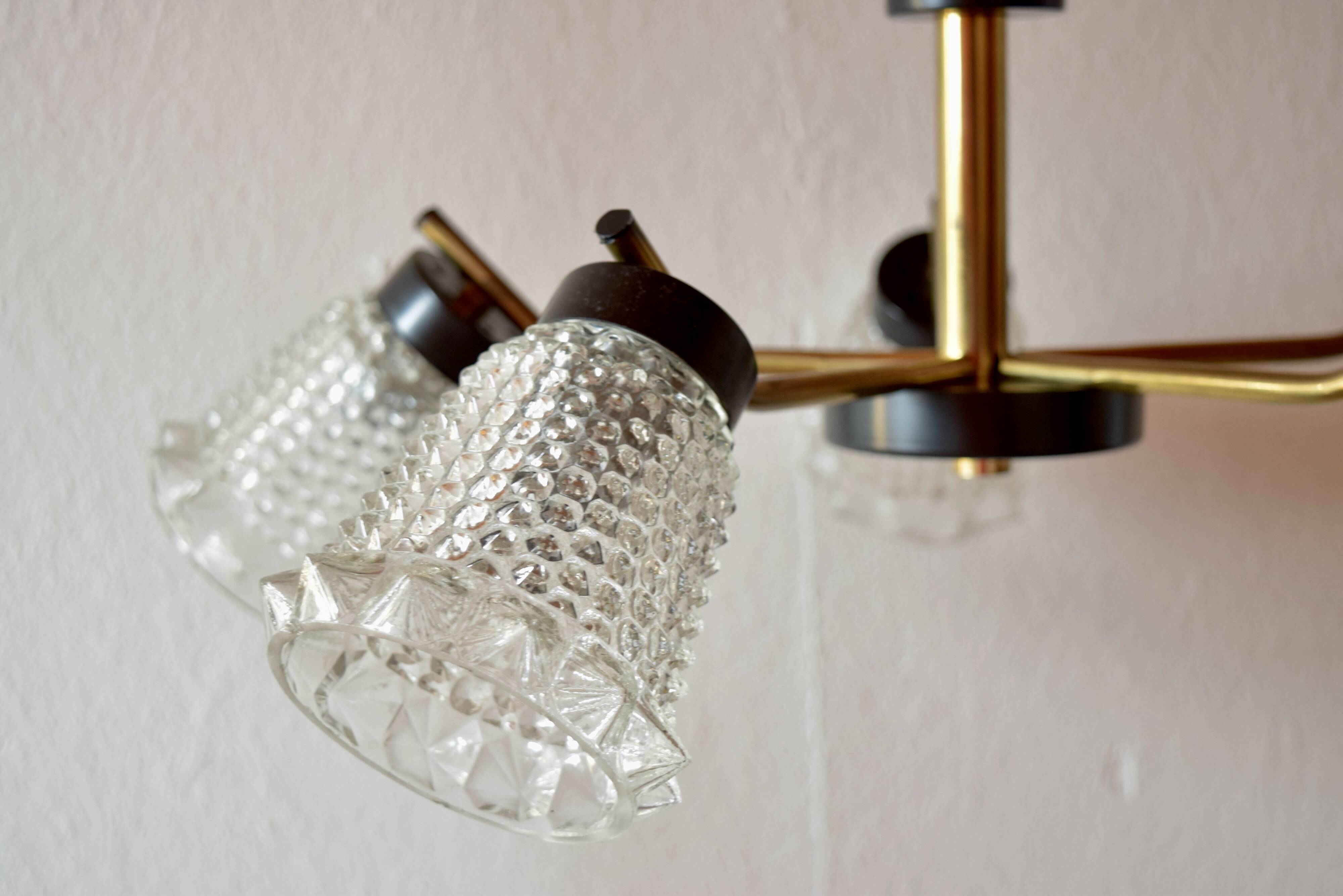 Vintage chandelier in molded glass, brass and steel - 5 branches - 1960s