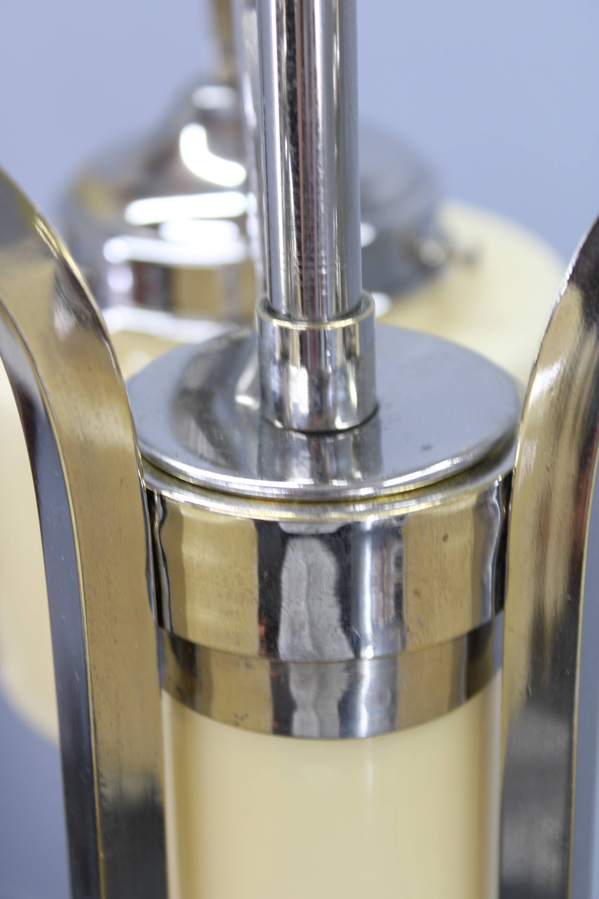 Art Deco nickel chandelier with cream glass cylinders, Czechoslovakia, 1930s