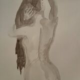Tableau signé aquarelle monochrome sépia portrait féminin « la coiffure »