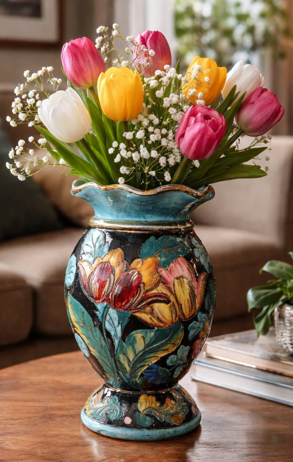 Large Vallauris vase signed JTF = F – 31 cm – polychrome floral decoration