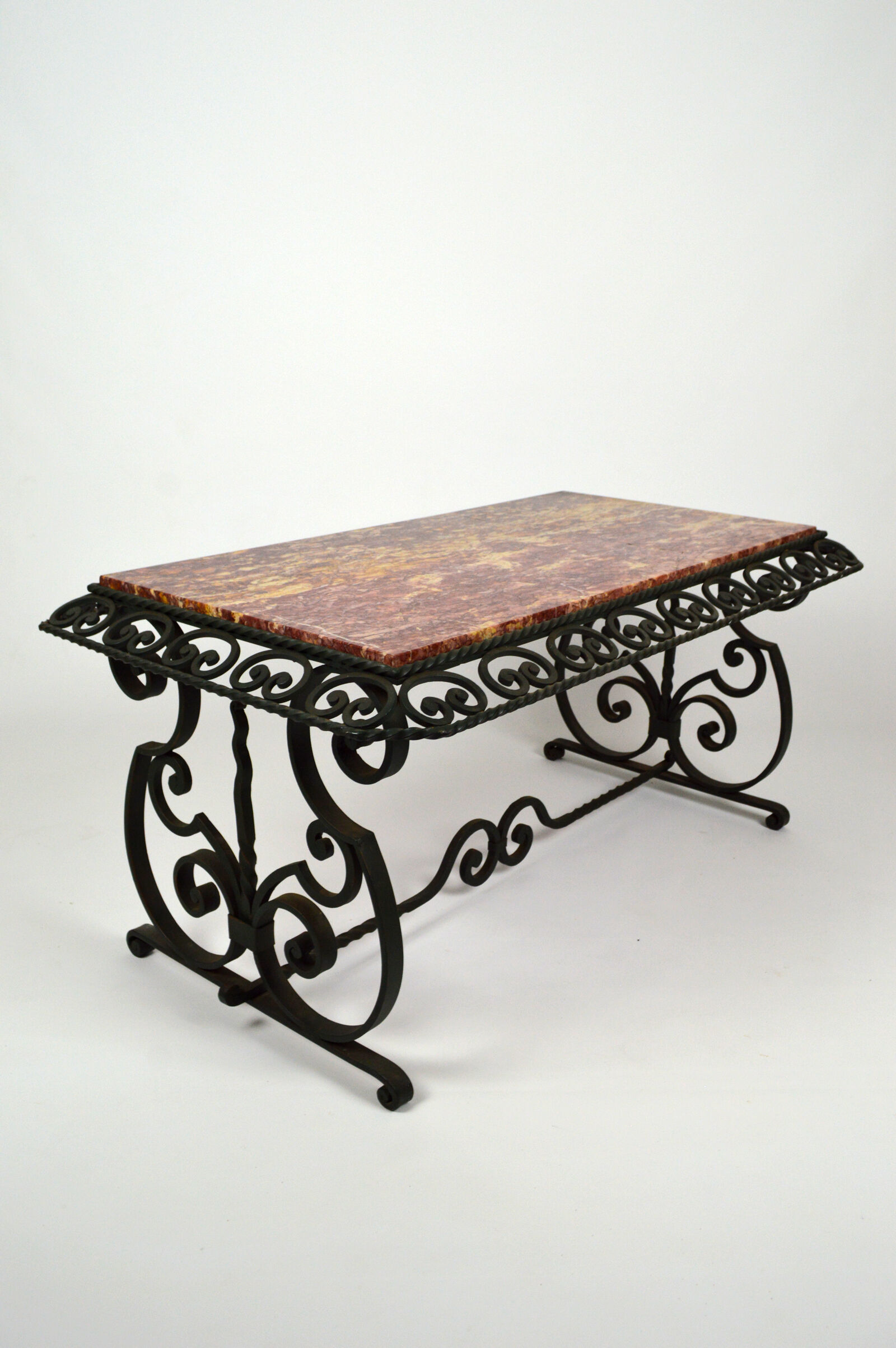 Coffee table in marble and wrought iron, circa 1940