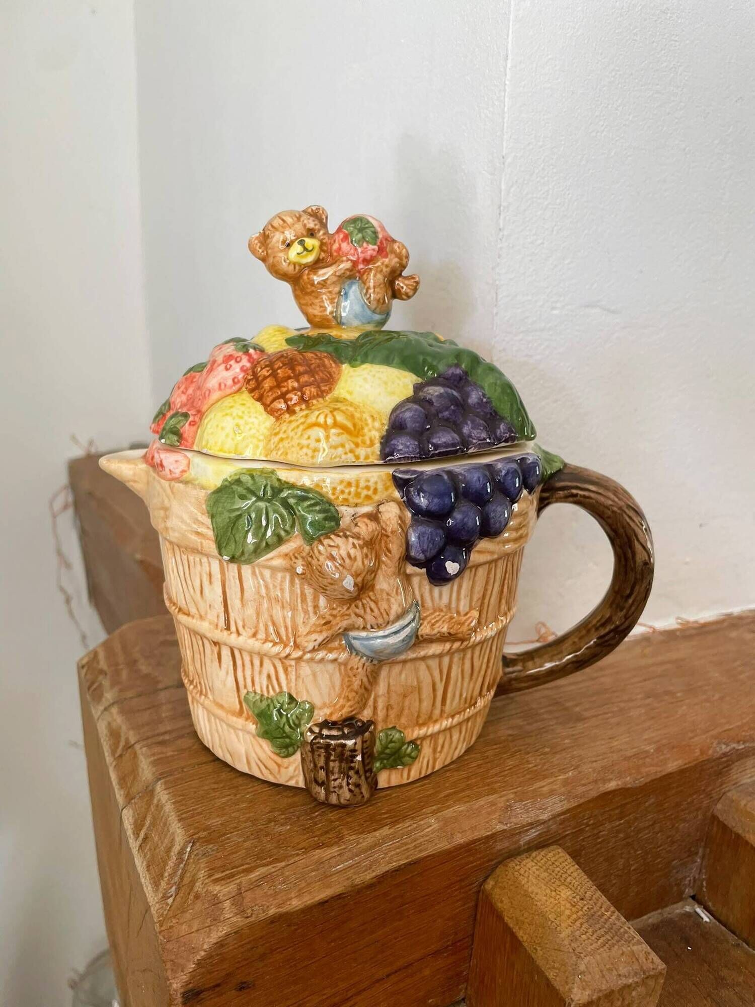 Vintage fruit and bear barbotine teapot