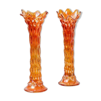 Set of 2 Orange Iridescent Glass Fenton Vases – Carnival Marigold Finish, Vintage 1930s