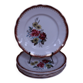 6  Assiettes plate en demi porcelaine signée FB Décor floral