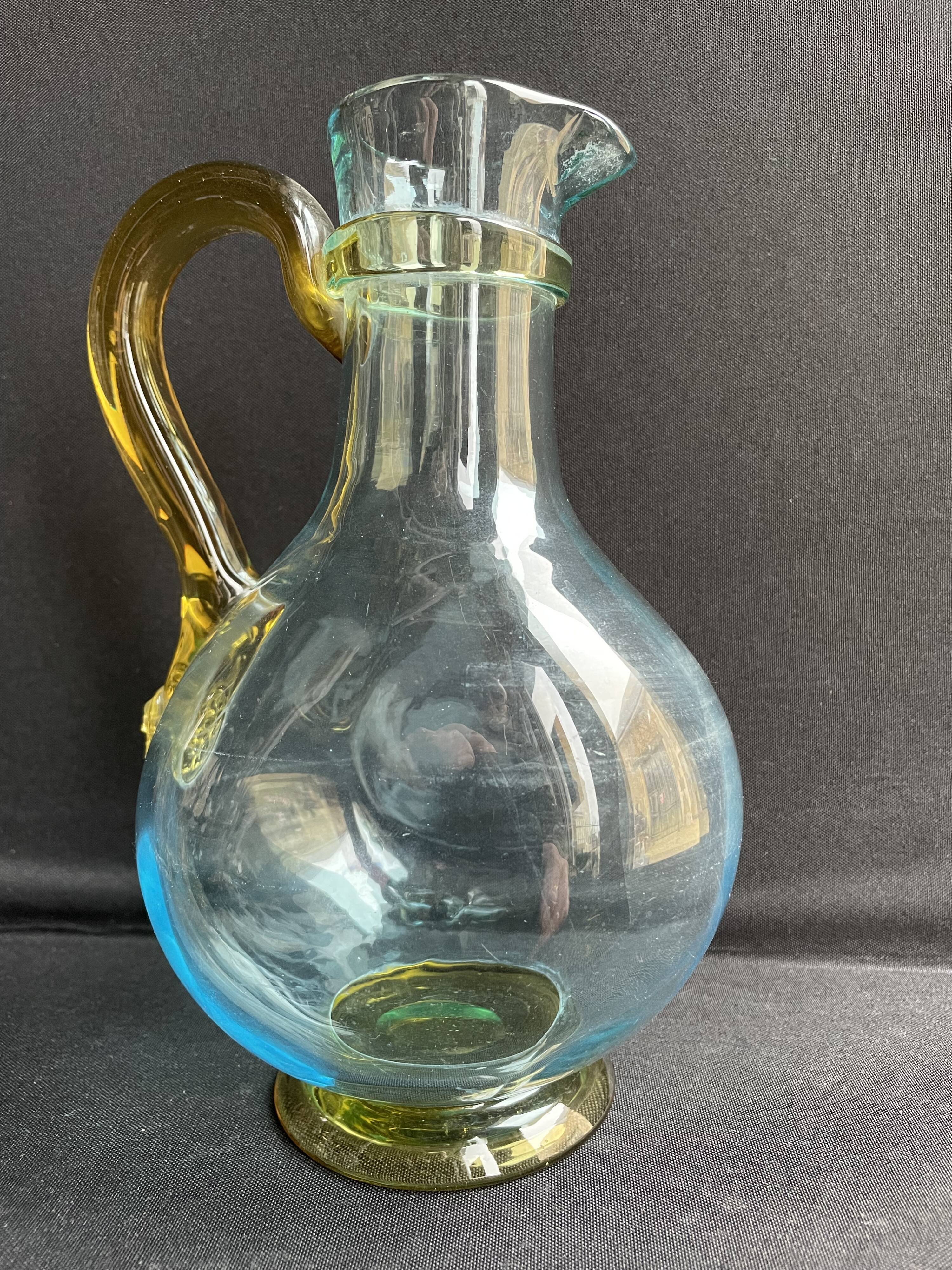 Glassware-crystallery of Portieux - 1 broc and 2 glasses - Napoleon III - Colored blown glass - G