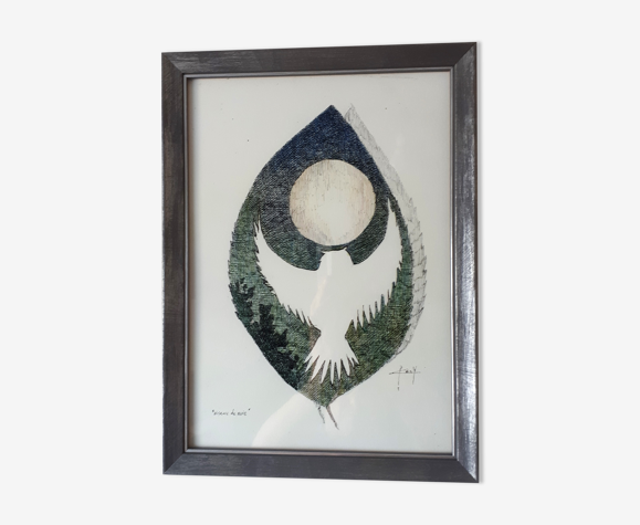 "oiseau de nuit" encre de chine et crayon couleur sur papier