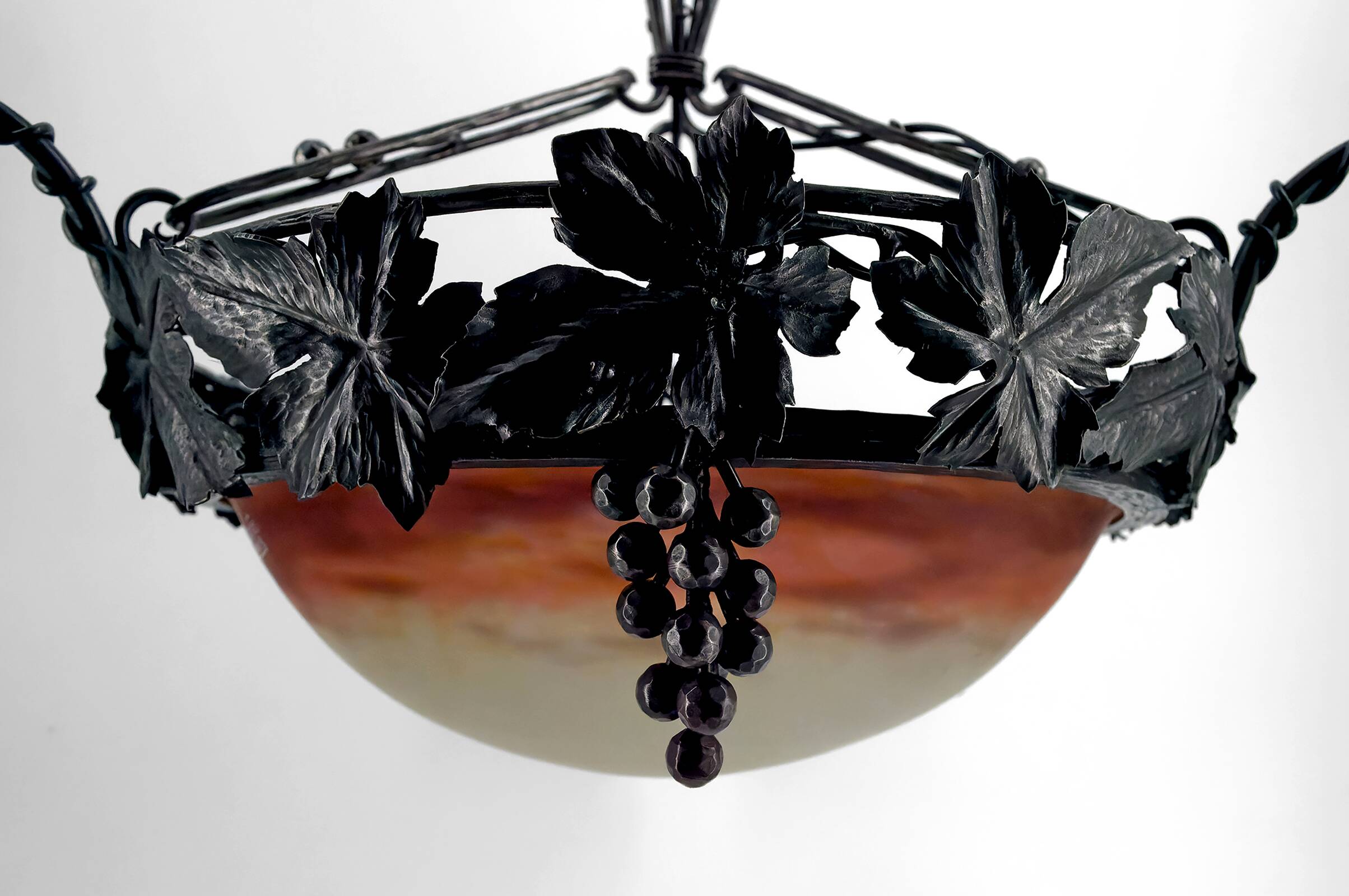 Wrought iron and glass paste chandelier, Art Deco, Muller Freres, Circa 1920