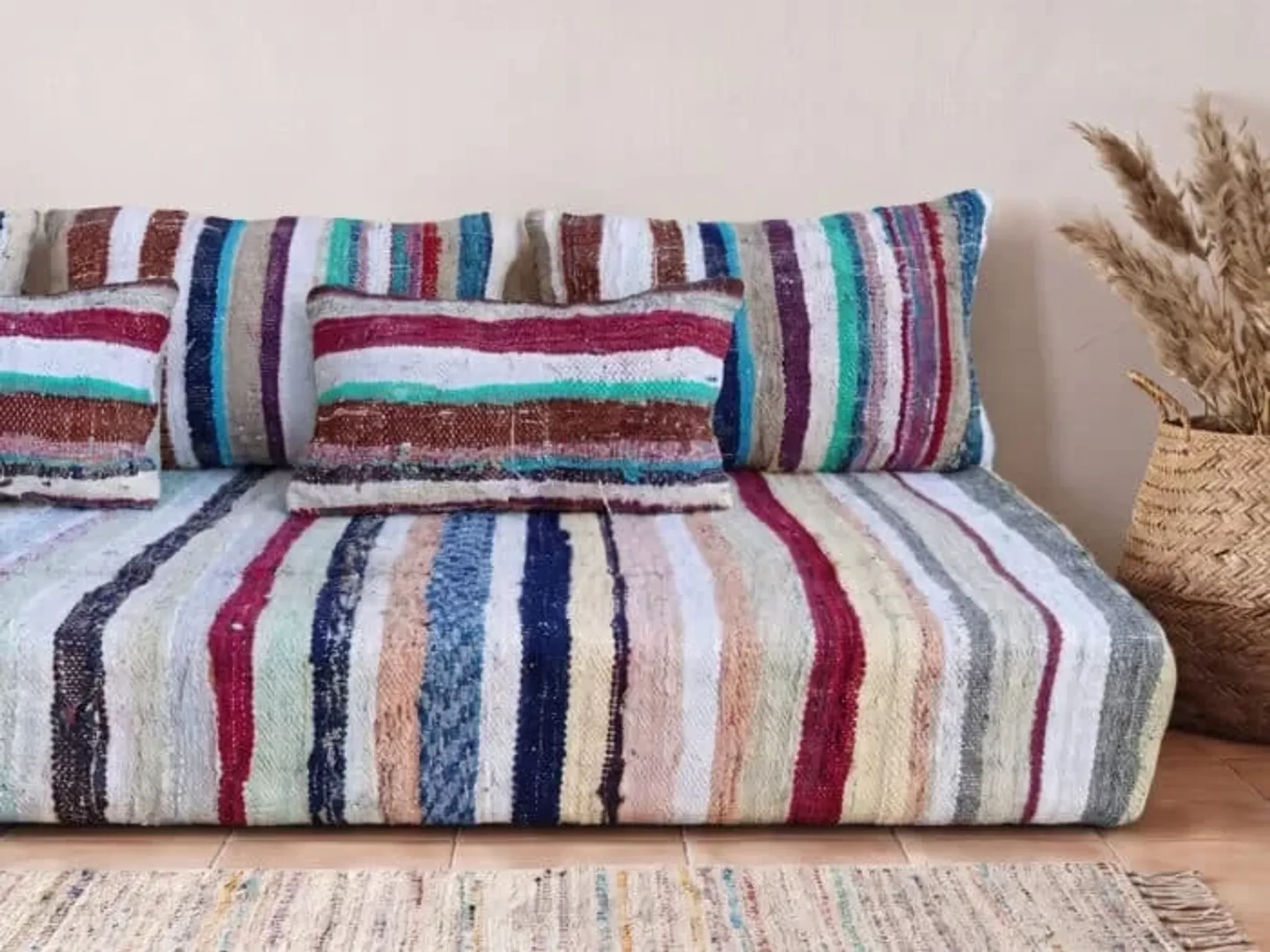 Pastel striped floor cushion, handwoven recycled cotton boucherouite.