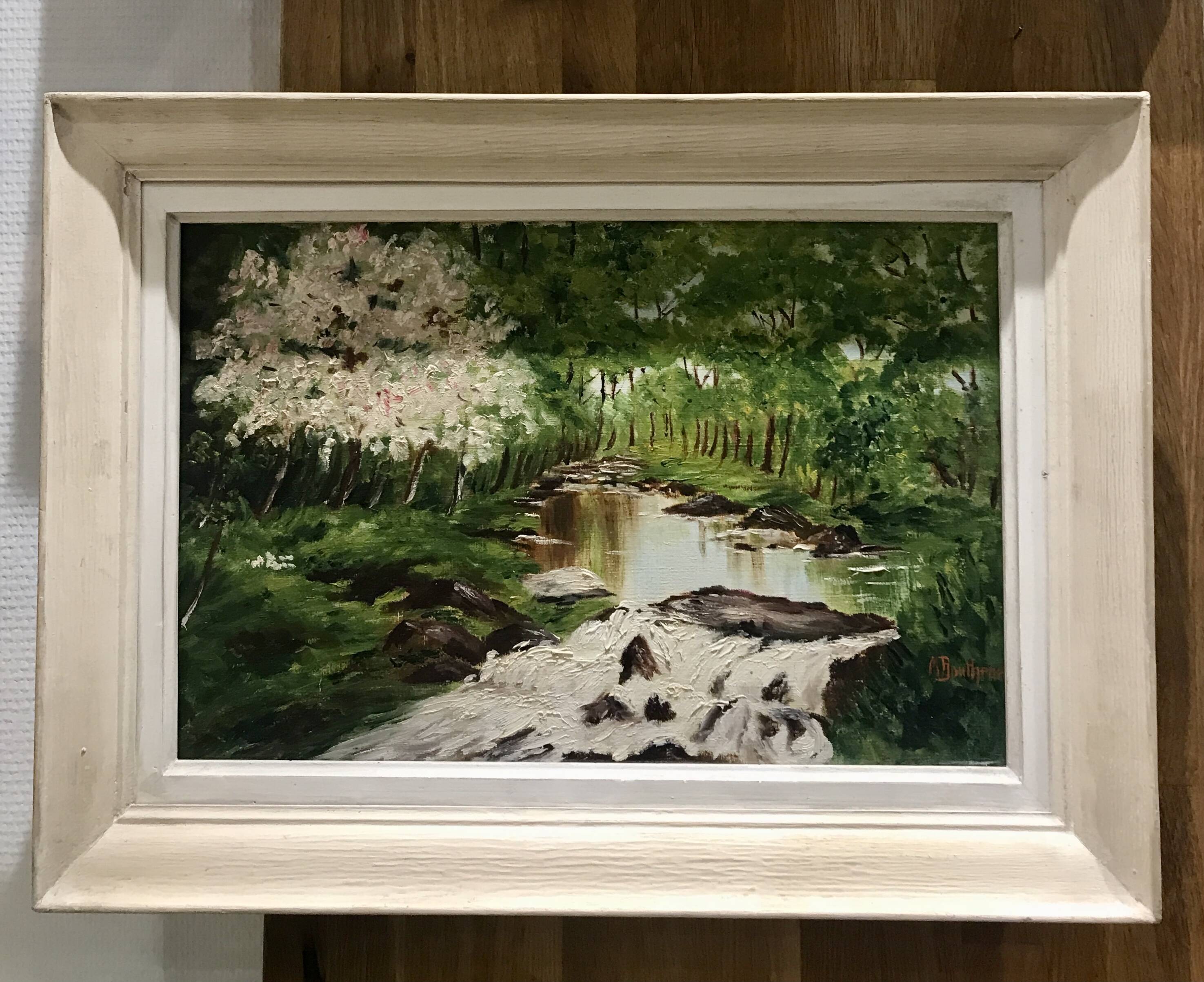 Oil on canvas river in grove