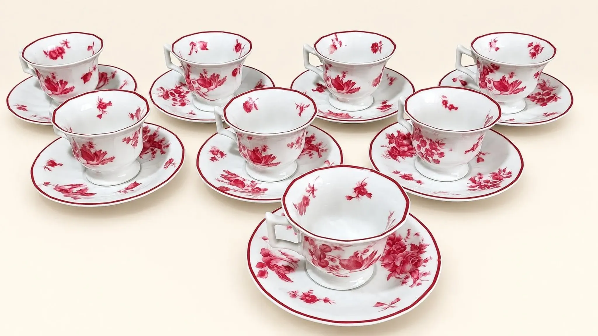 Coffee service Limoges Raynaud & Co – 8 porcelain cups with pink flowers