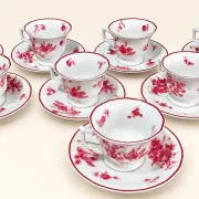 Coffee service Limoges Raynaud & Co – 8 porcelain cups with pink flowers