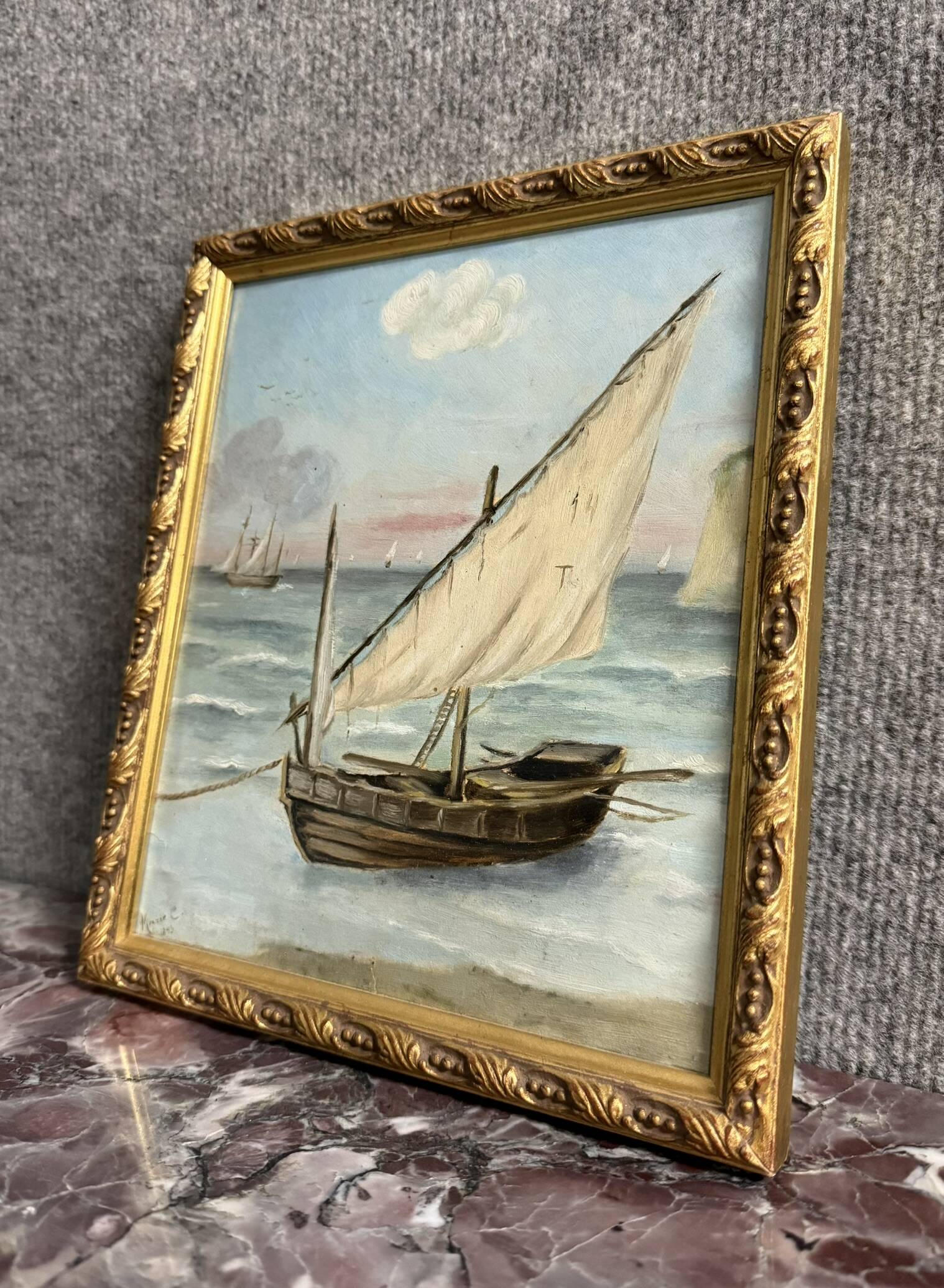 Marie C: oil painting on canvas, seascape with sailboat, Napoleon III period