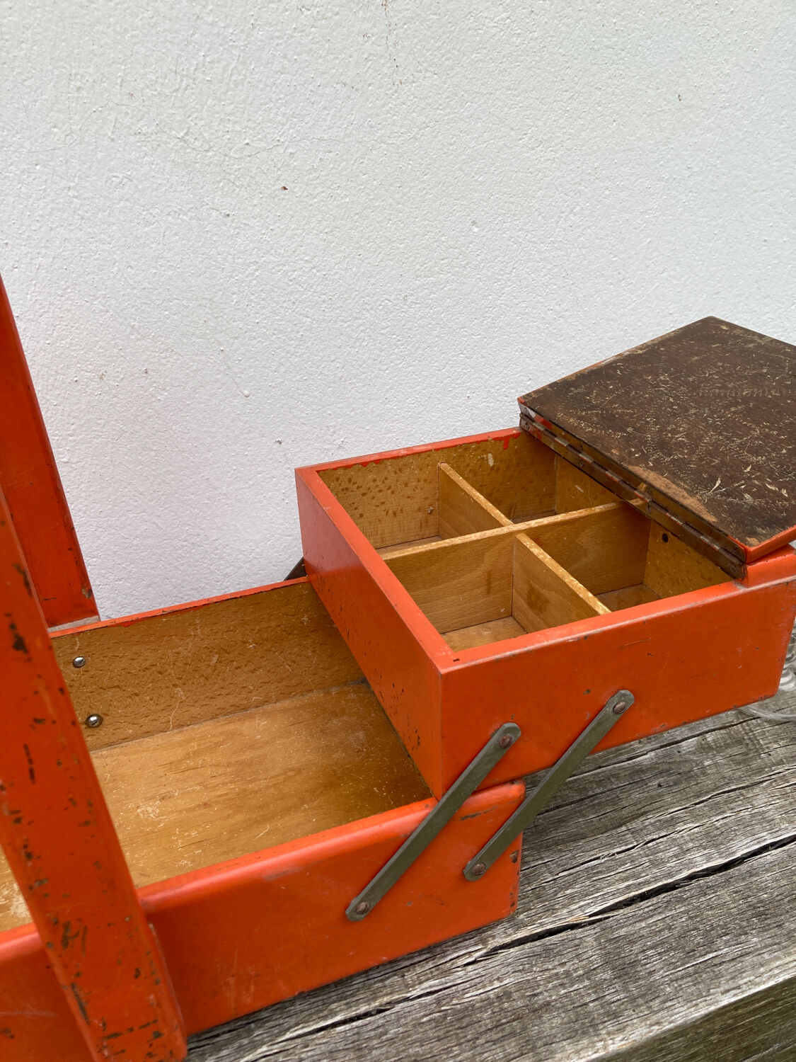 Orange wooden sewing box 1960 1970