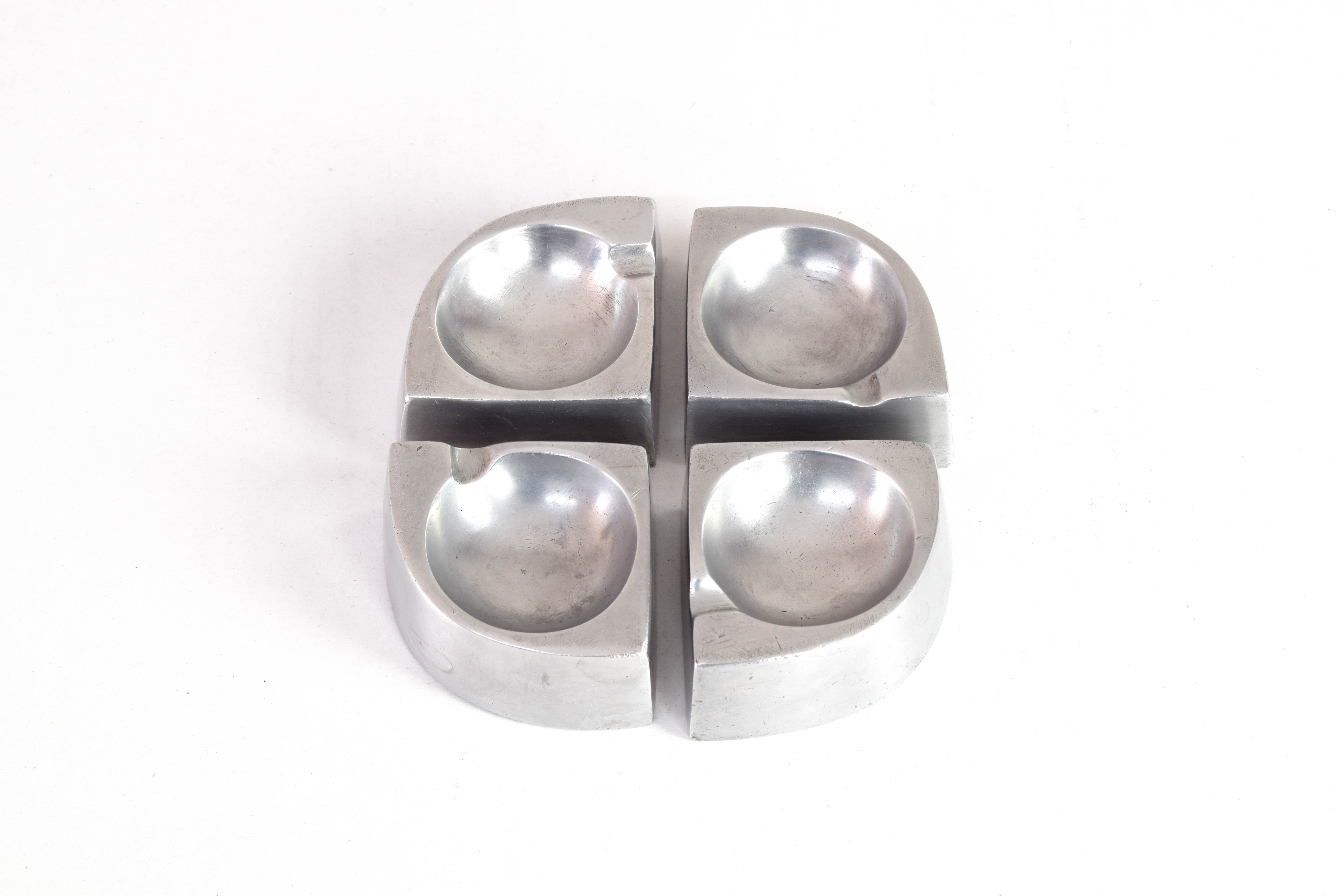 Mid Century Scandinavian Modern Handcrafted Aluminum Four Piece Ashtray, 1960