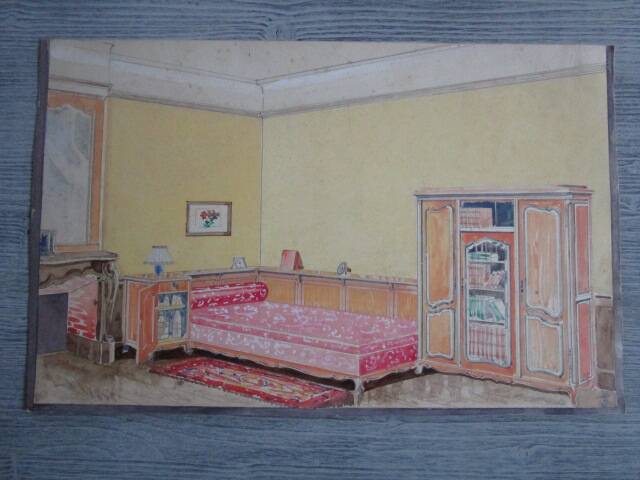 Original old watercolor - Interior architecture