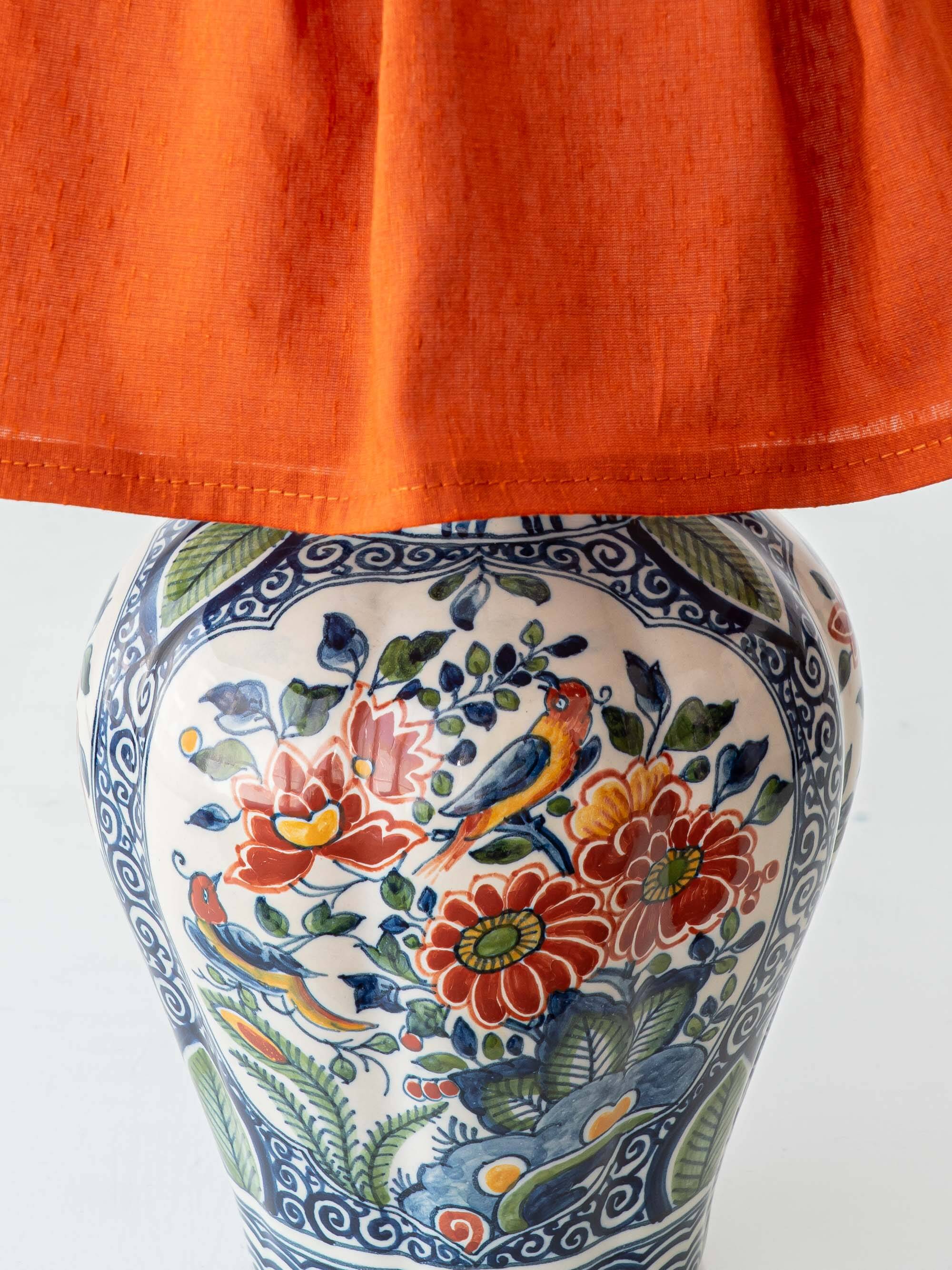 Delft Polychrome Chinoiserie Table Lamp, Tichelaar Makkum, New Silk Shade