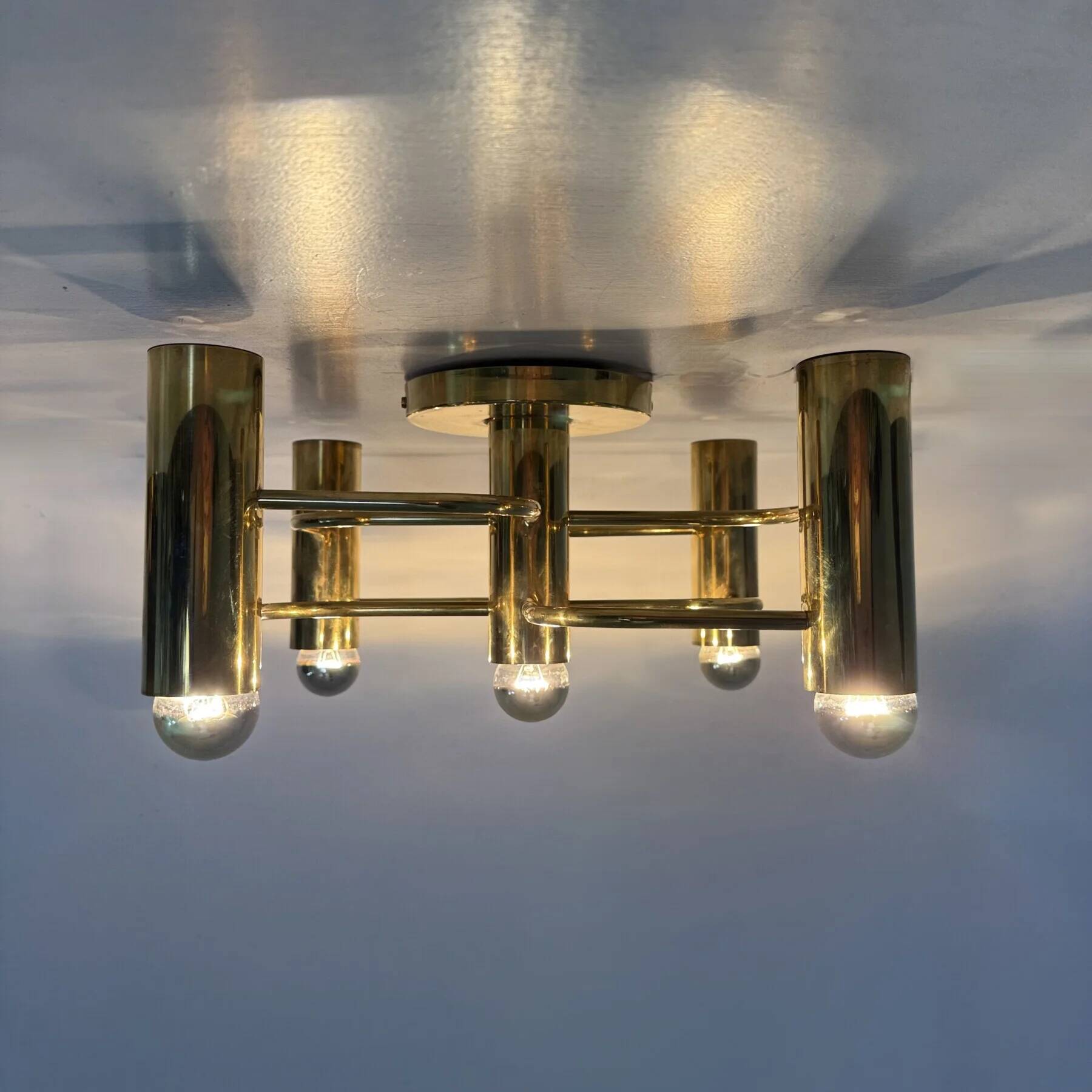 Vintage mid-century modern brass ceiling lamp Leola flushmount by Sciolari, Germany, 1970s