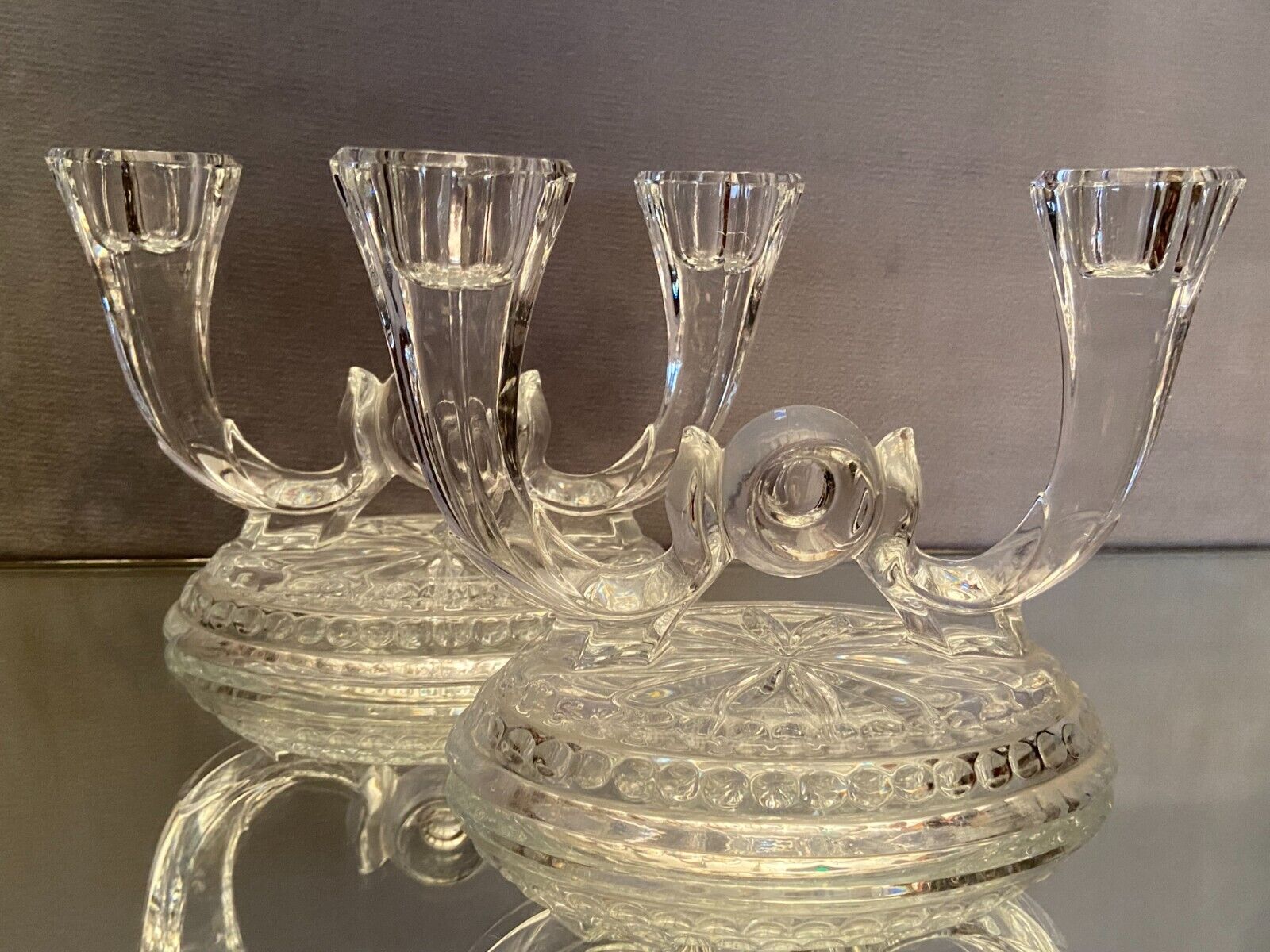 Pair of Val Saint Lambert crystal table end candlesticks