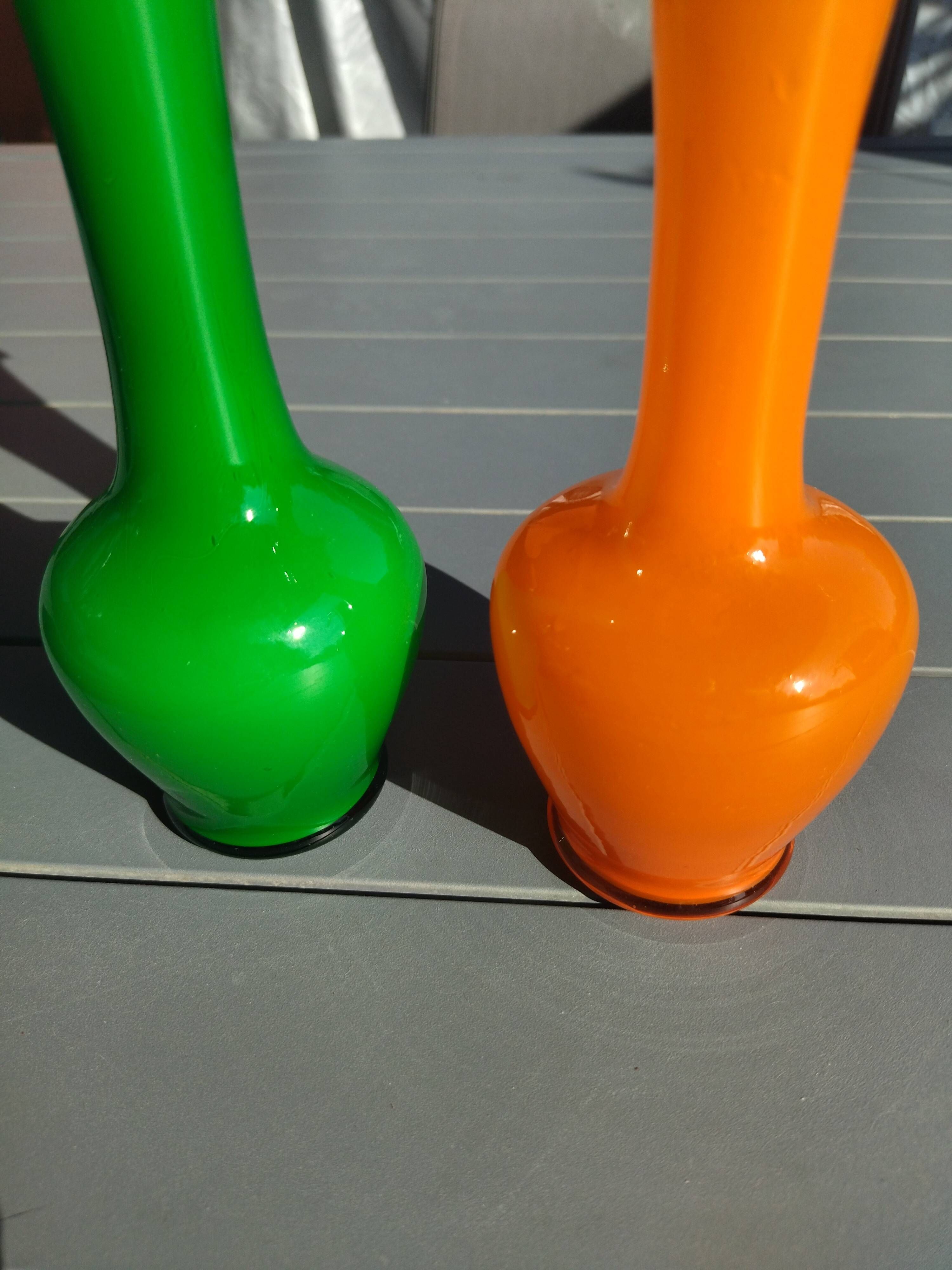 Pair of Vintage 70s Pop Art Opaline Vases – Green & Fluorescent Orange 20cm