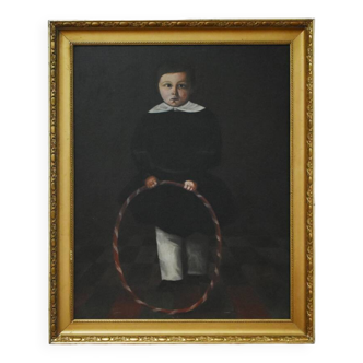 Peinture d'un enfant au cerceau rouge, XIXe s.