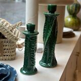 Sculptural twisted candle holder turned glazed ceramic Deep Green