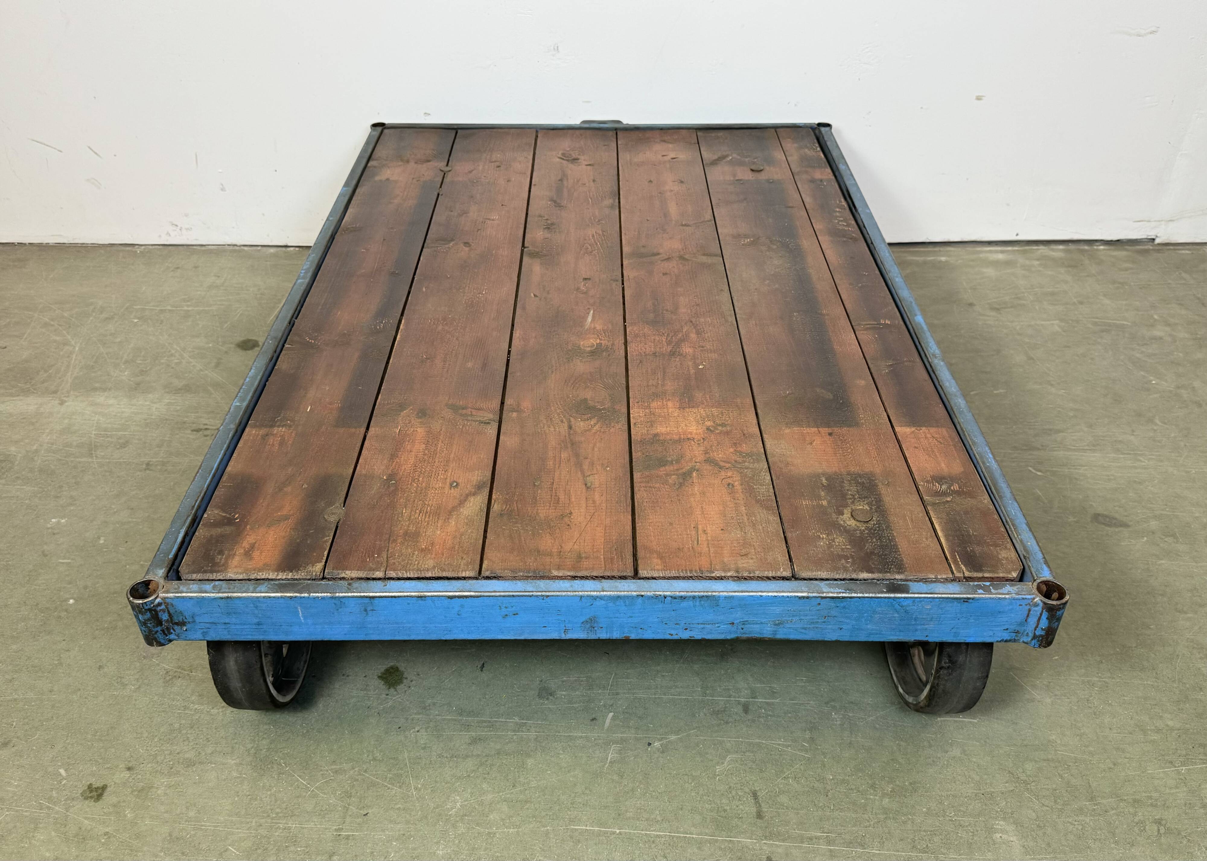 Large blue industrial coffee table cart, 1960s