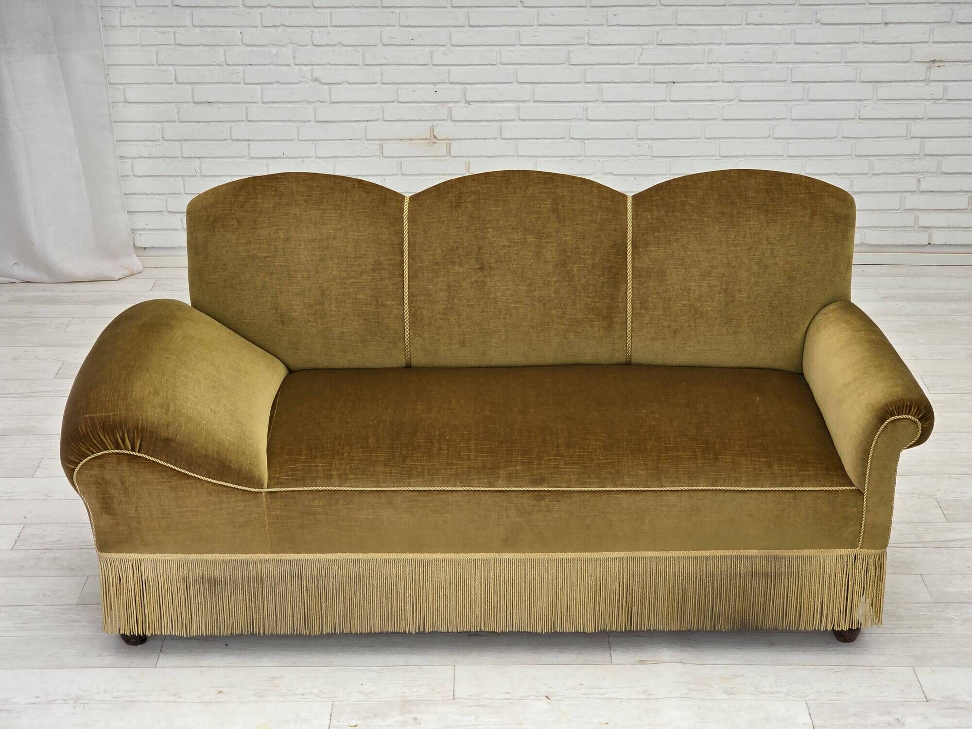 1950s, 2 seater sofa/daybed, light green furniture velour, ash wood legs.