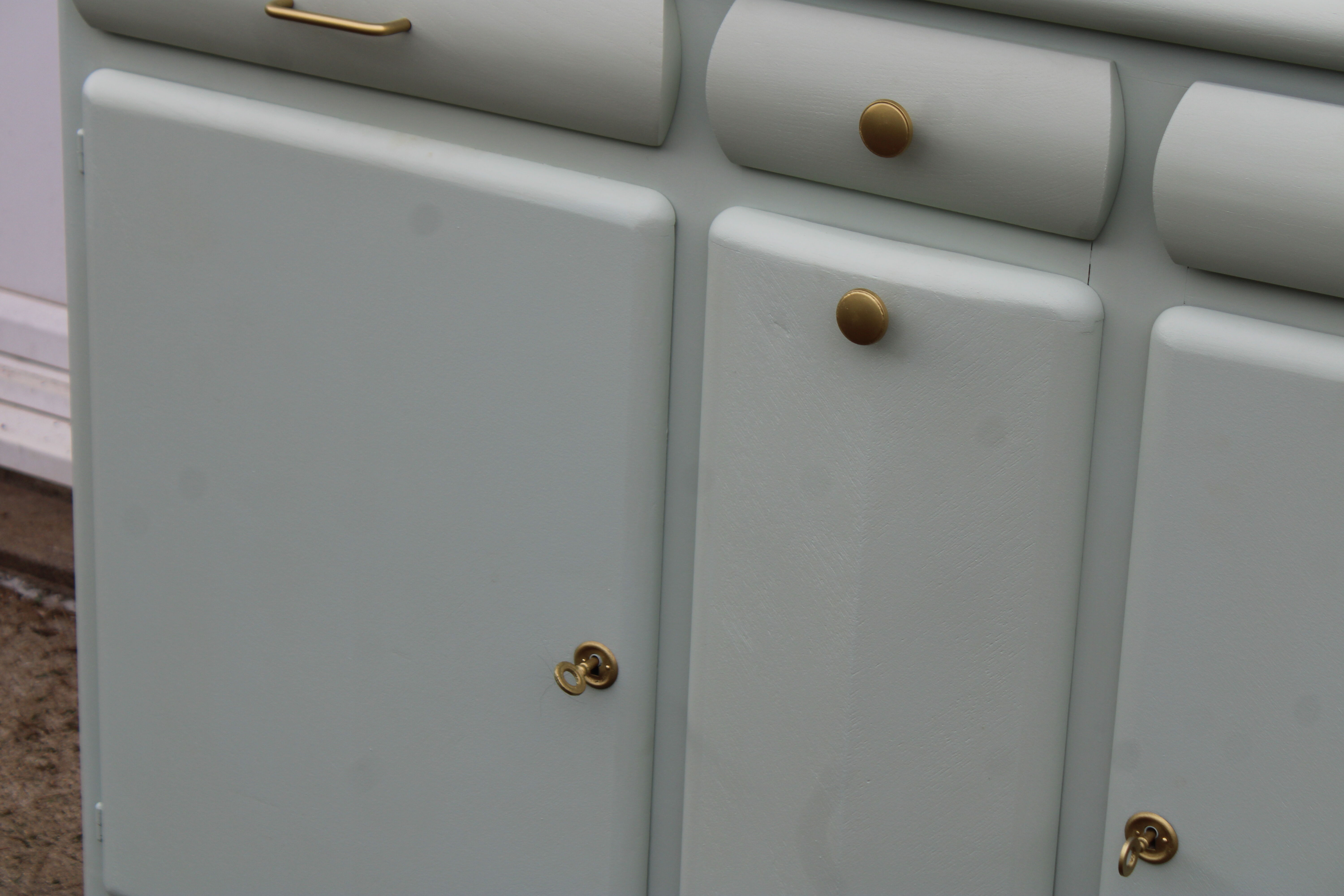 Renovated vintage Mado sideboard – Celadon green & natural cane