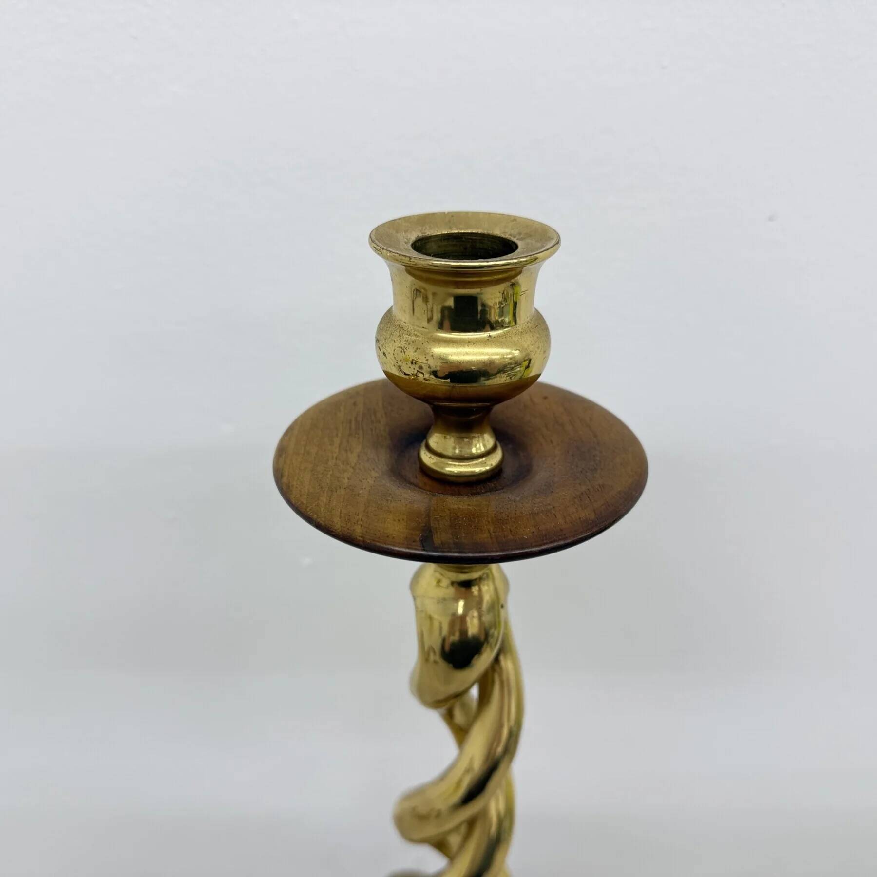 Large antique brass candle stick with wooden details, 1930s