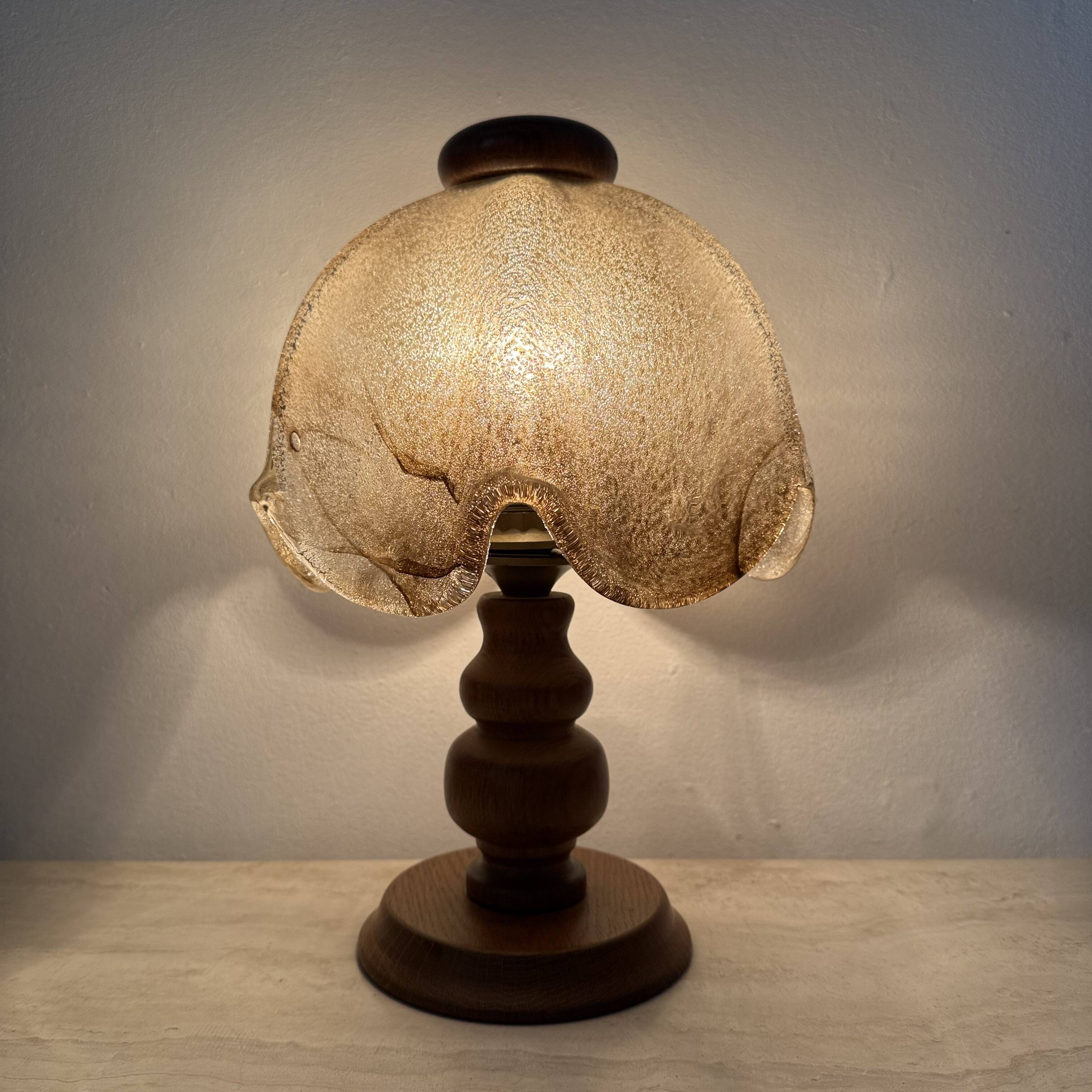 Vintage brutalist glass table lamp with solid oak wooden base , 1970s