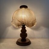 Vintage brutalist glass table lamp with solid oak wooden base , 1970s