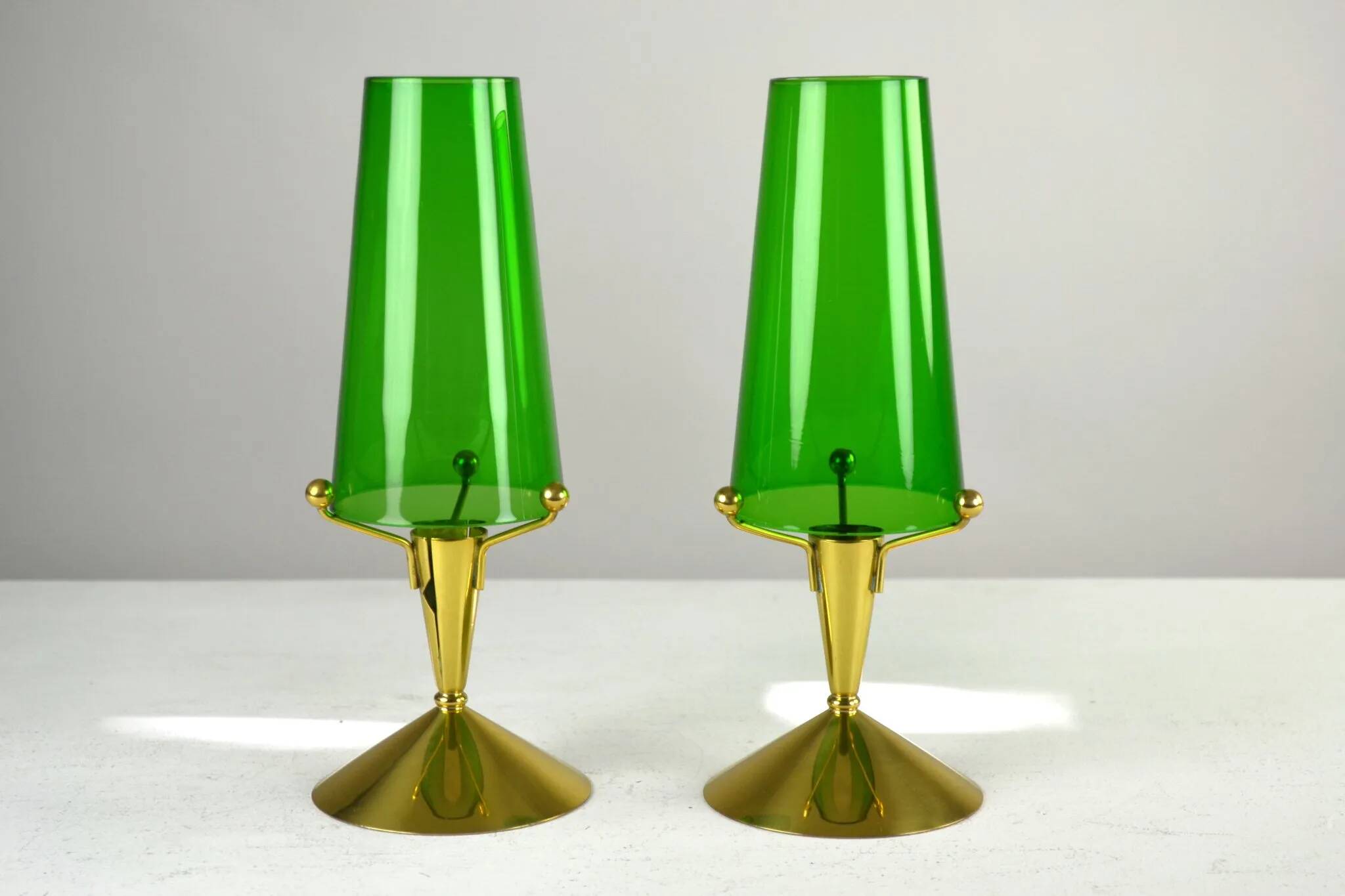 Pair of Brass & Green Glass Candleholders — Gunnar Ander for Ystad-Metall, Sweden, 1960s